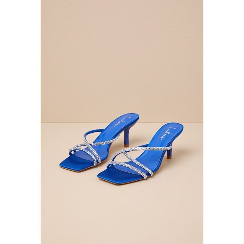Lulus Birdine Sapphire Satin Rhinestone High Heel Sandals Blue - Size 6.5